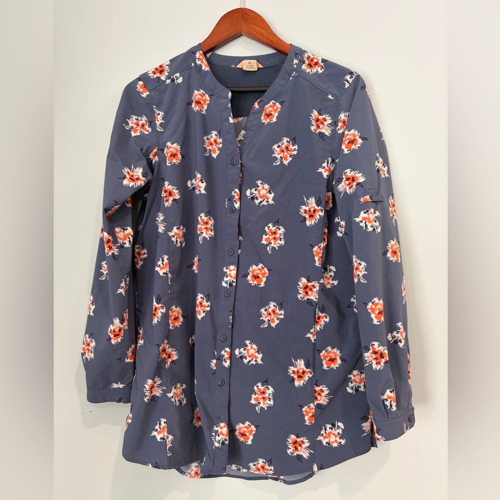 Duluth Trading Co Flex Sidewinder Roll Tab Sleeve Blue Floral Women's